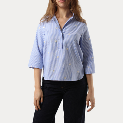 EMME MARELLA - BLUSA DONNA A RIGHE CON APPLICAZIONI E COLLO COREANO