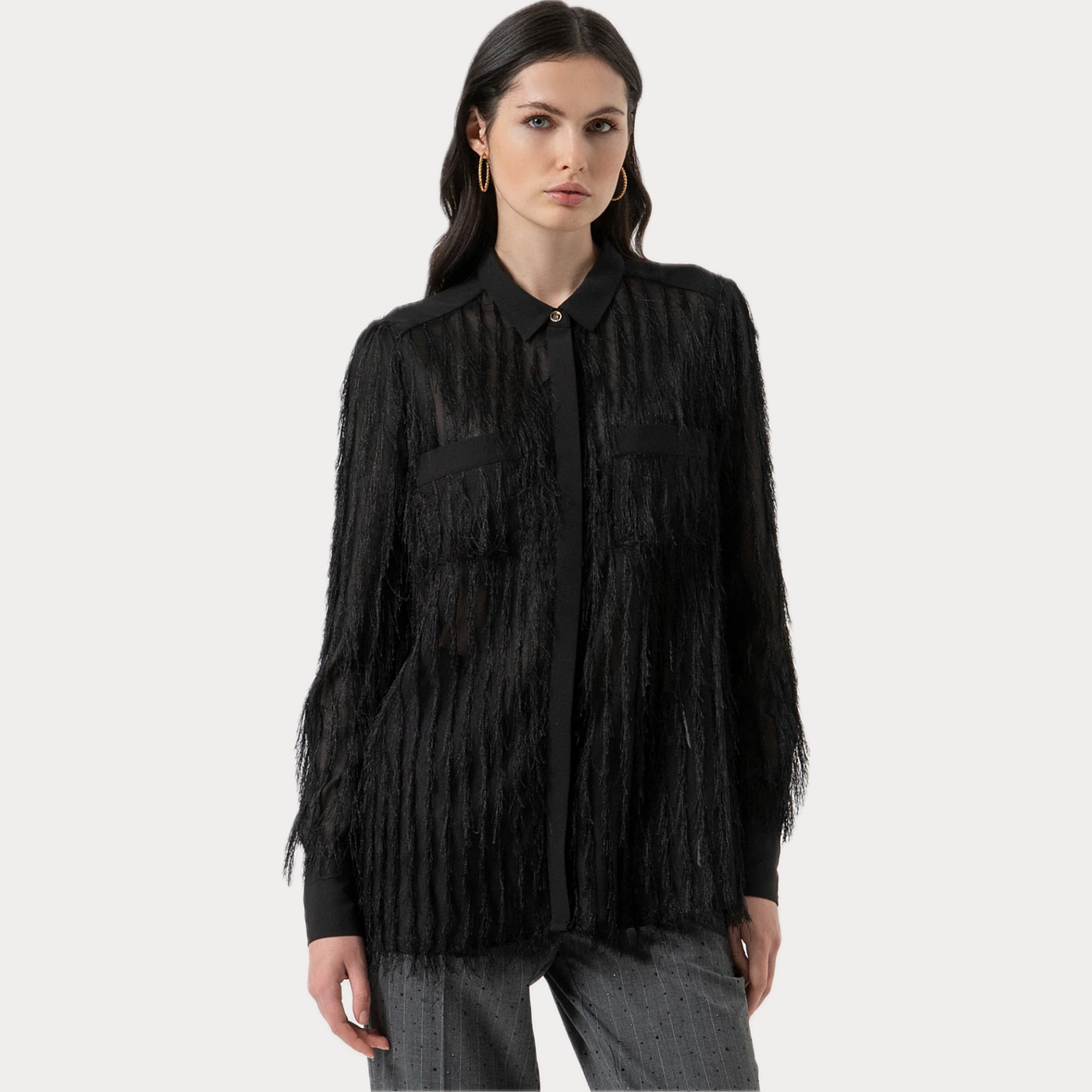 FRACOMINA - CAMICIA DONNA NERA CON FRANGE