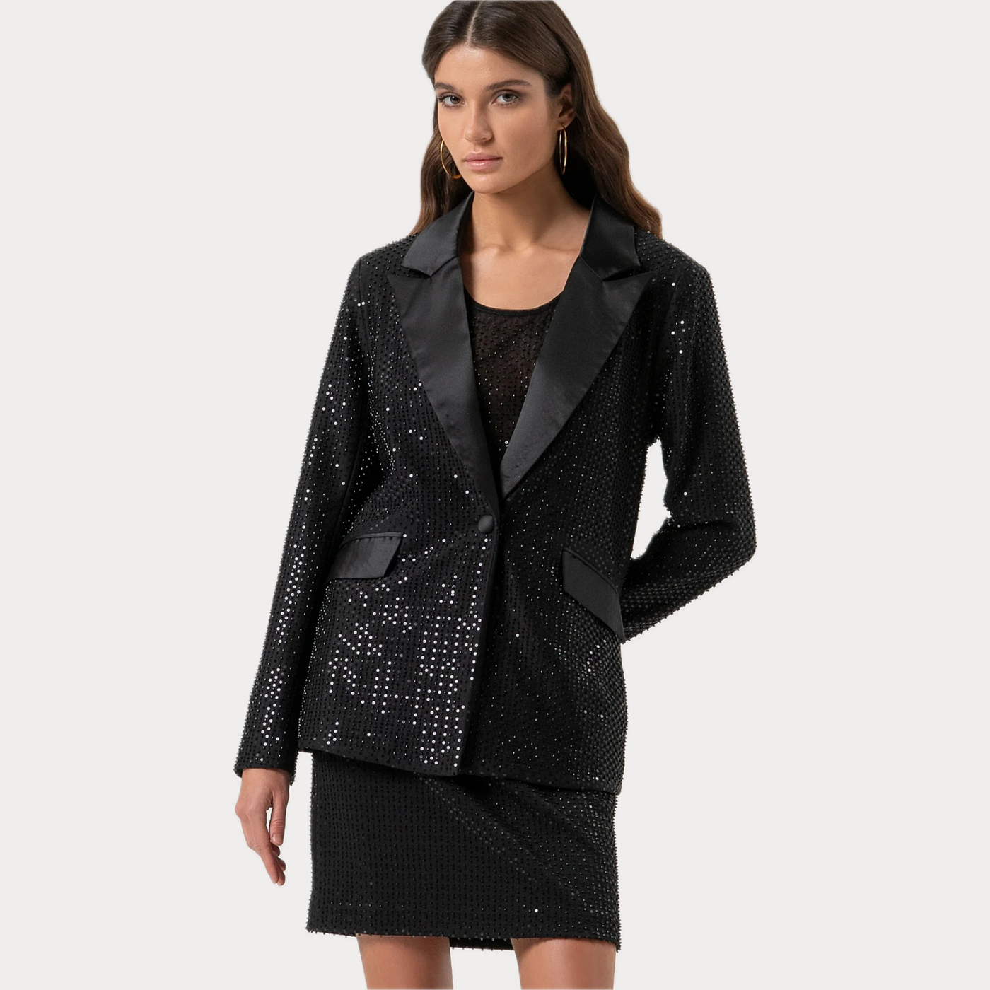 FRACOMINA - BLAZER DONNA NERO LUNGO MONOPETTO CON STRASS