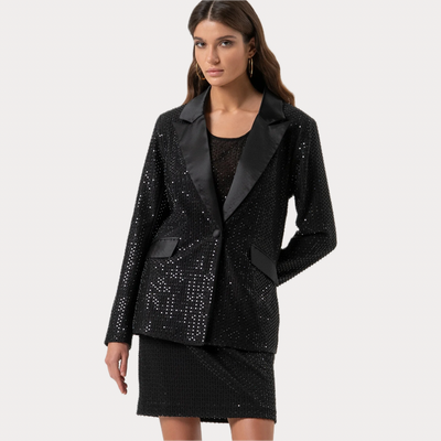 FRACOMINA - BLAZER DONNA NERO LUNGO MONOPETTO CON STRASS