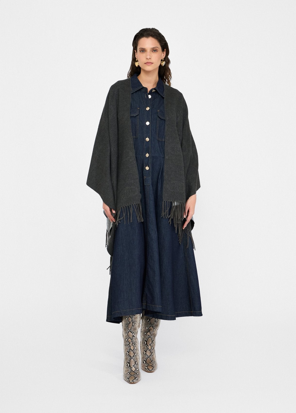 LIUJO - PONCHO DONNA GRIGIO CON LOGO E FRANGE