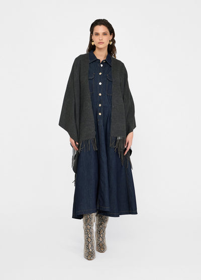 LIUJO - PONCHO DONNA GRIGIO CON LOGO E FRANGE