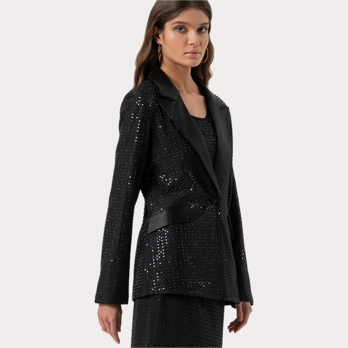 FRACOMINA - BLAZER DONNA NERO LUNGO MONOPETTO CON STRASS