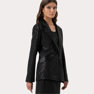 FRACOMINA - BLAZER DONNA NERO LUNGO MONOPETTO CON STRASS