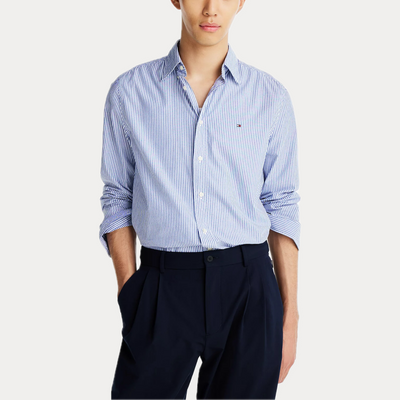 TOMMY HILFIGER - CAMICIA UOMO AZZURRA REGULAR FIT A RIGHE IN POPELINE