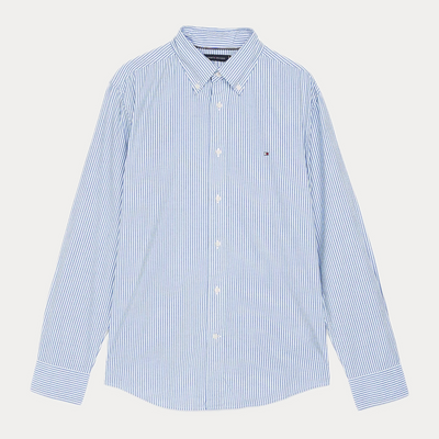 TOMMY HILFIGER - CAMICIA UOMO AZZURRA REGULAR FIT A RIGHE IN POPELINE