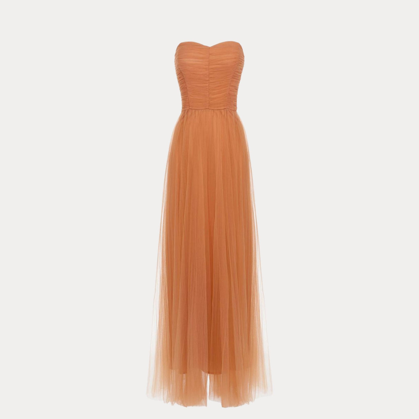 Abito da donna midi firmato Elisabetta Franchi in tulle con scollo a cuore e chiusura zip sul retro. Visuale frontale. 