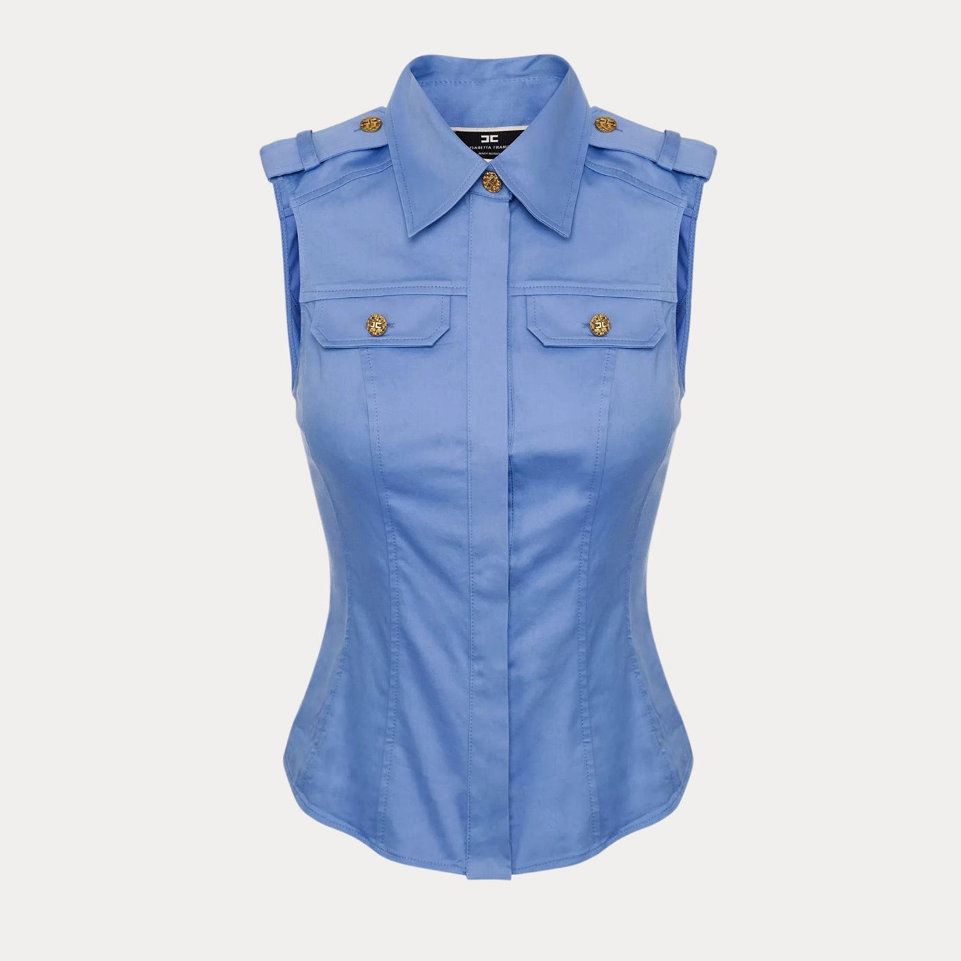 Camicia da donna smanicata pervinca con bottoni dorati e spalline. Vista frontale