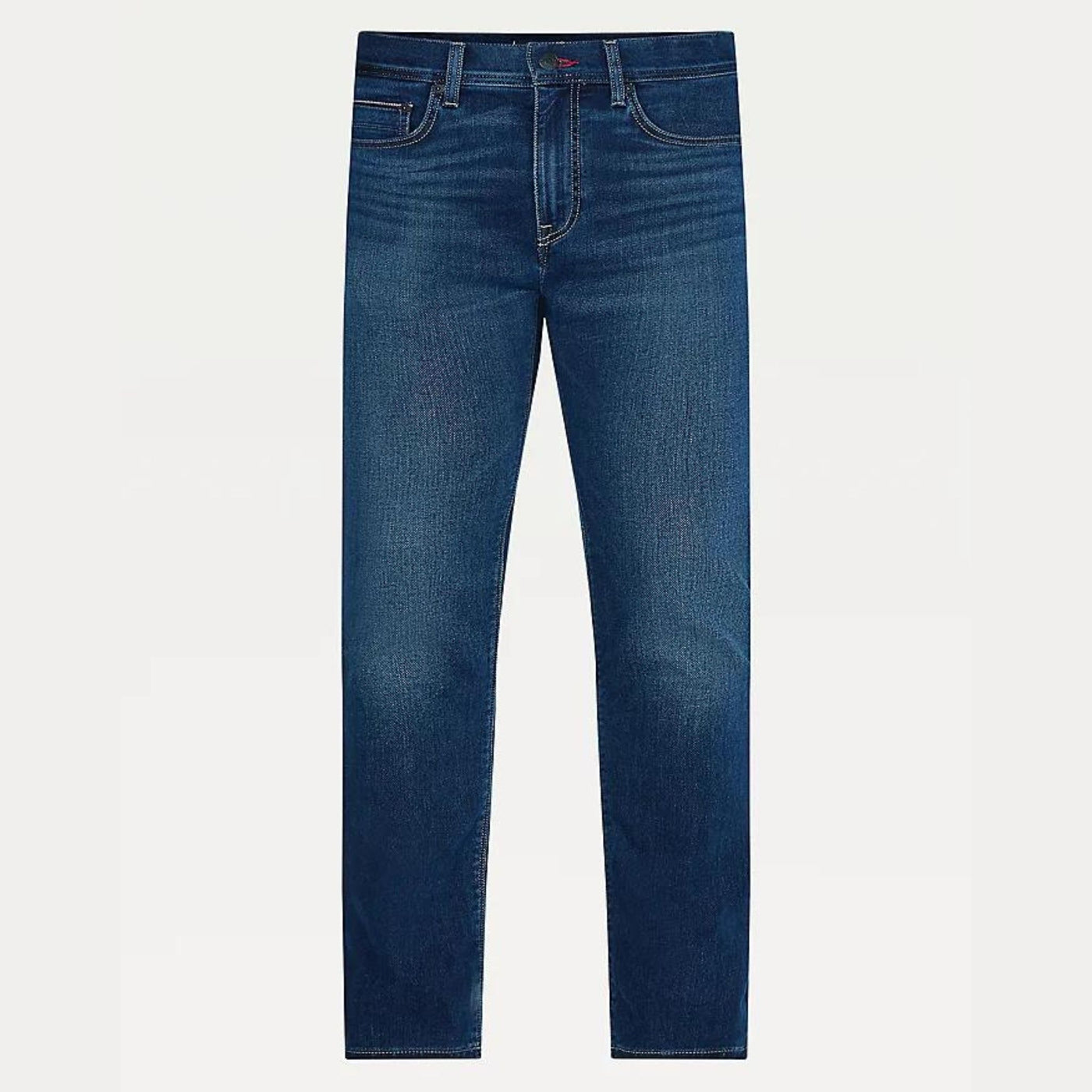 Jeans da uomo firmati Tommy Hilfiger in misto cotone con scoloriture su cosce e ginocchia. Visuale frontale. 