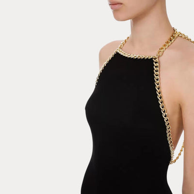 abito donna nero a sirena con catena dorata dettaglio