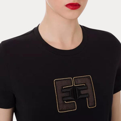 T-shirt Donna con ricamo e velluto centrale nero dettaglio